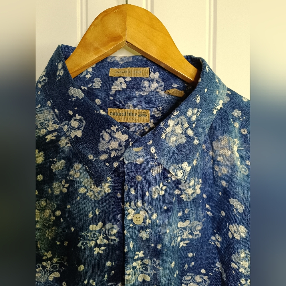 XXL 2XL Natural Blue Linen Floral Button Down Travel Casual Beach Vacation Money